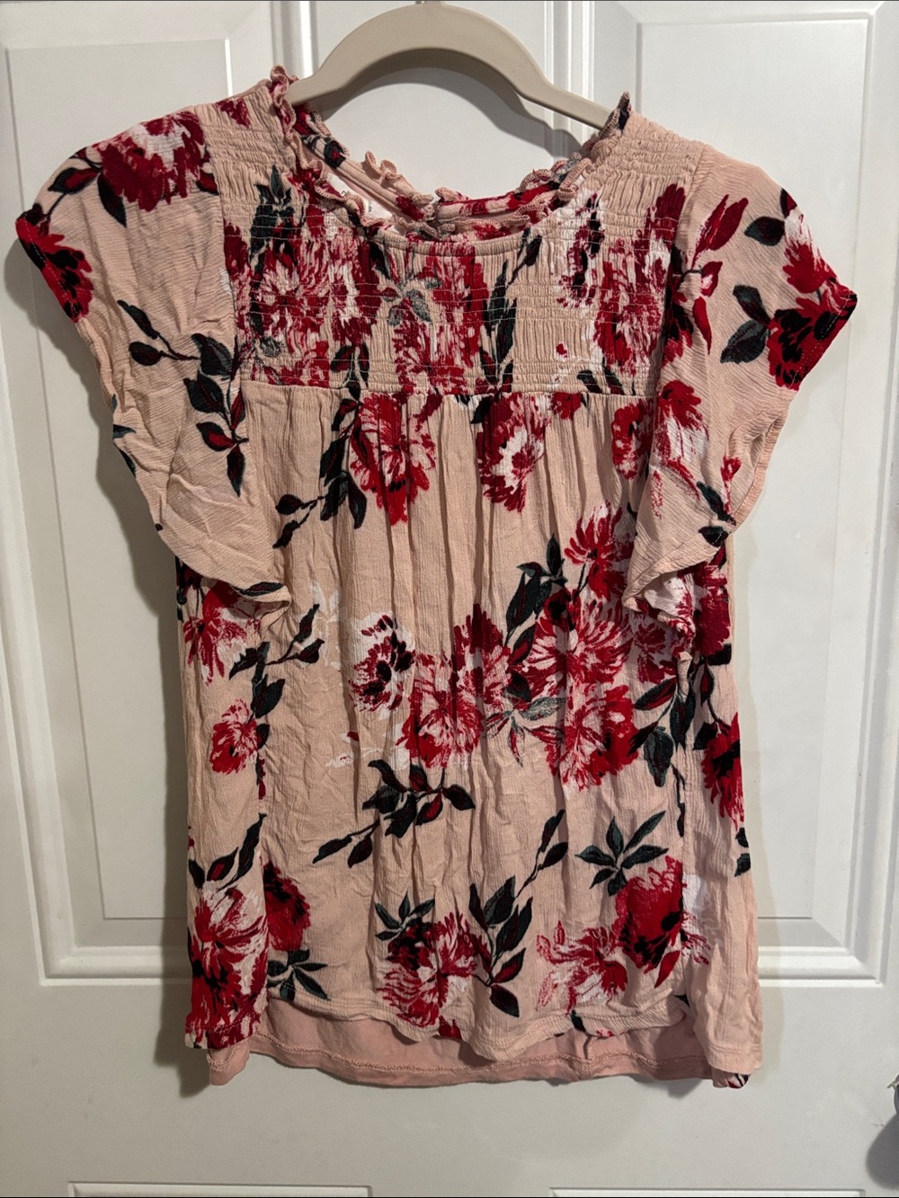 Maurices Pink Floral Ruffle Sleeve Top